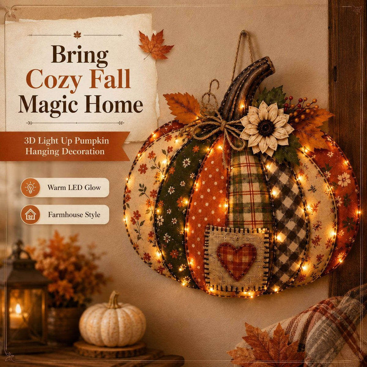 ⌛ Last Day 50% OFF✨-🎃 3D Light Up Pumpkin Hanging Decor for Cozy Fall, Halloween ✨