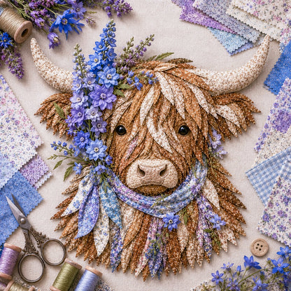 🔥 Last Day 50% OFF✨-🐮 DIY Highland Cow 3D Fabric Art Kit with Beautiful Birth Flower Design 🌸✨