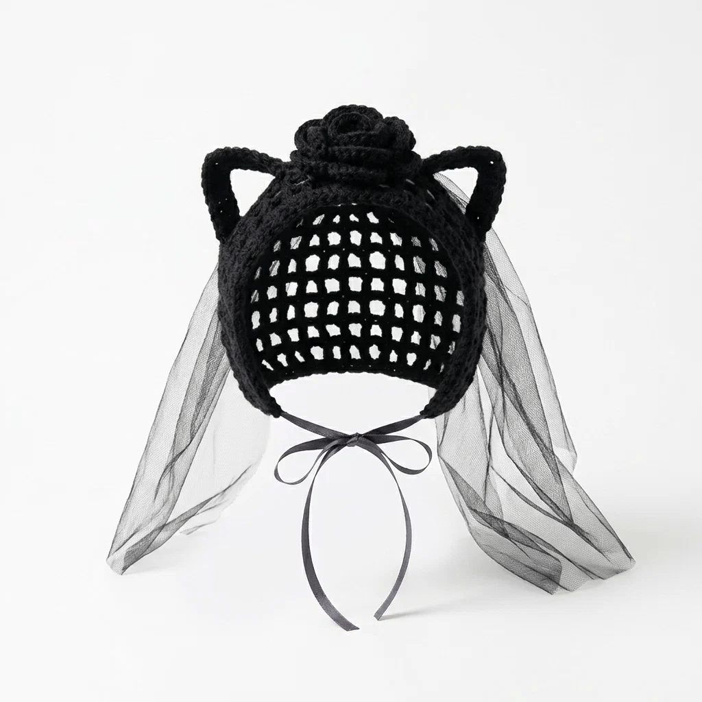 🥳HOT SALE💞50% OFF-🐱 Handmade Gothic Crochet Cat Hat for Cute, Unique & Spooky Style 🖤