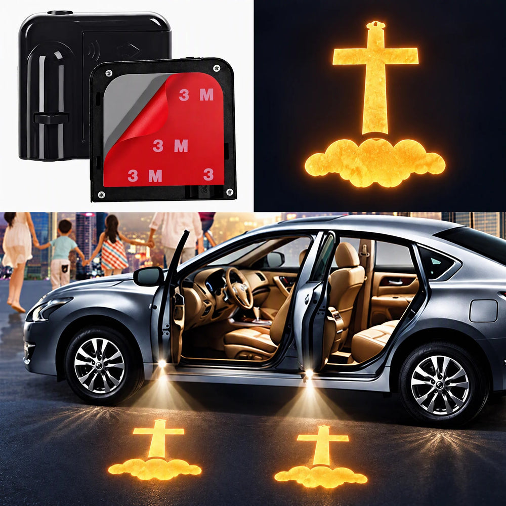 Christian cross LED car door projector light displaying a glowing cross