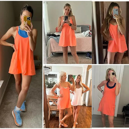 ⏰Last day Promotion 🔥-🔥 Women's Summer Tennis Dress with Built-In Shorts, Pockets & V-Neck Comfort ✨