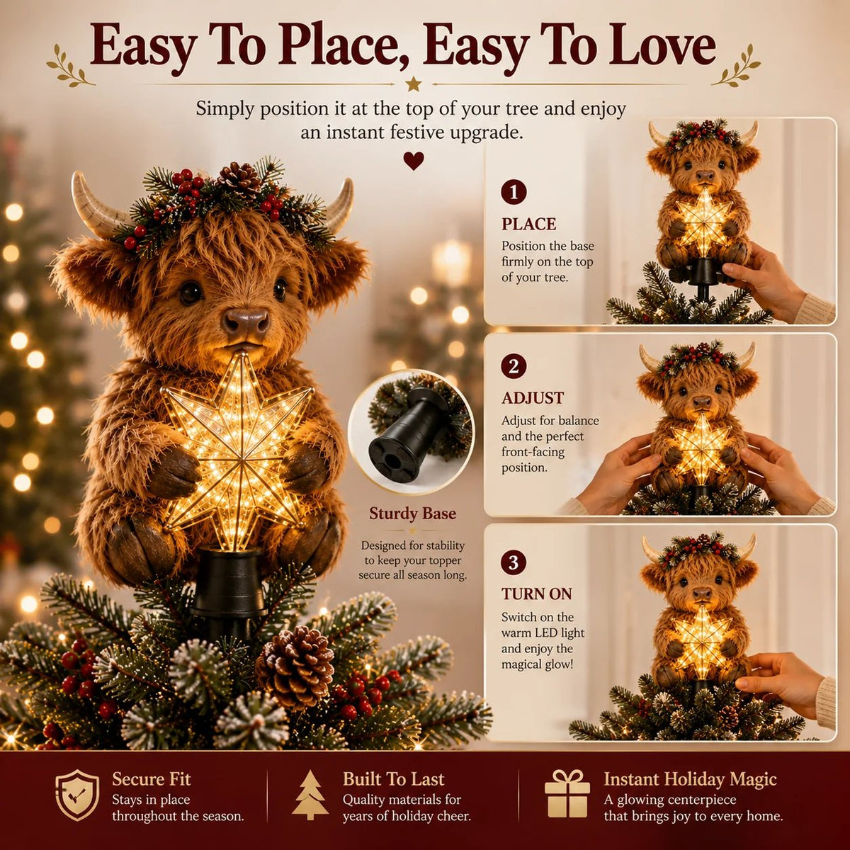 🎄 Last Day 50% OFF✨-🐮Baby Highland Cow Glowing Star Tree Topper for Magical Christmas Decor ✨