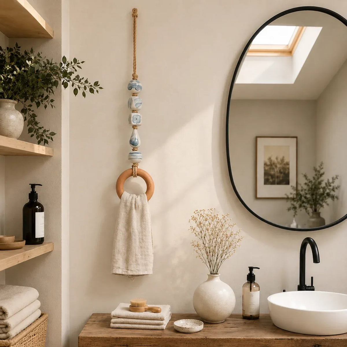 🏠Last day Promotion 🔥-🧺Beaded Towel Hanger with Wooden Ring for Stylish & Easy Bathroom Decor ✨