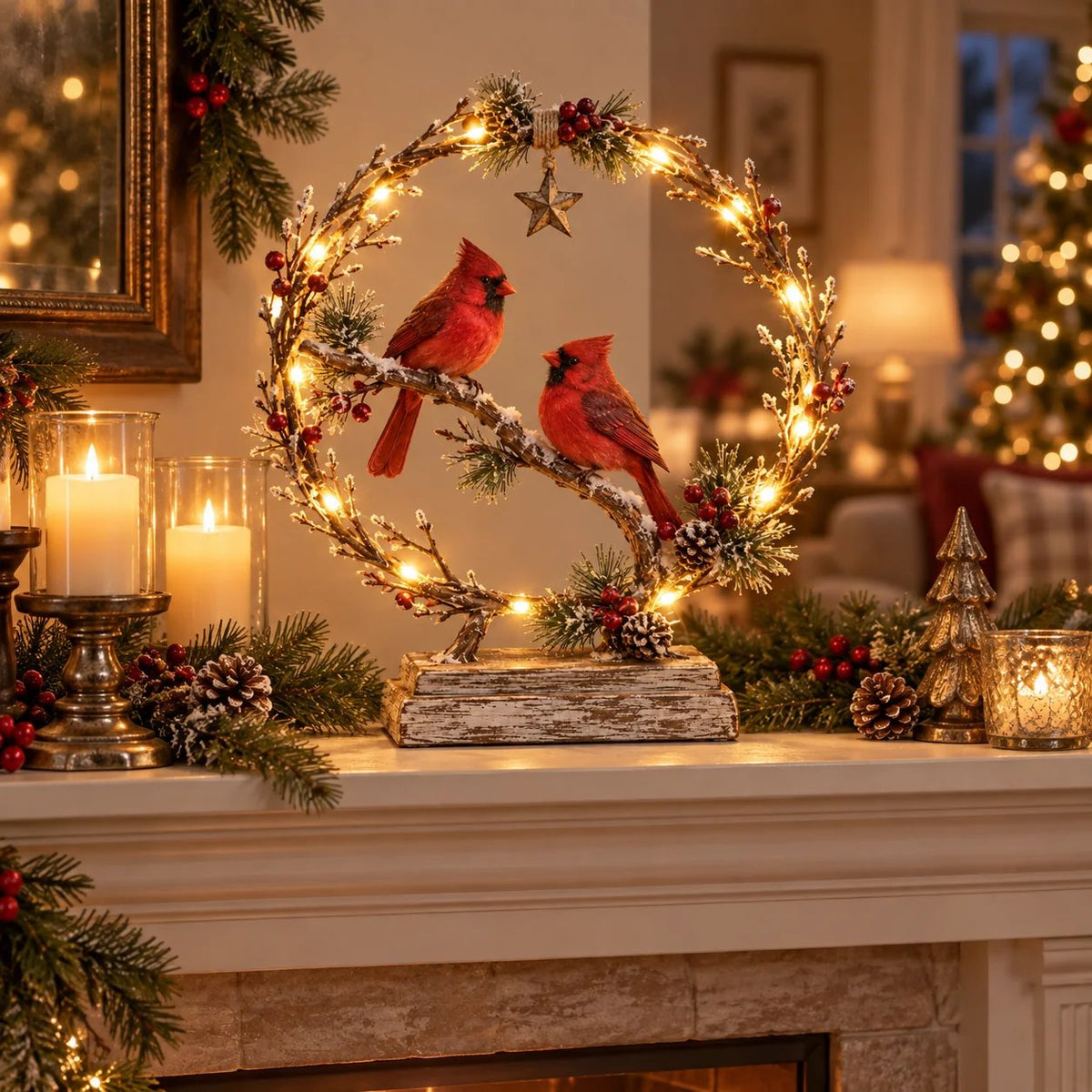 🔥 Last Day 50% OFF✨-Lighted Cardinal Tabletop Decor, Rustic Red Cardinal Pair with Warm LED Lights
