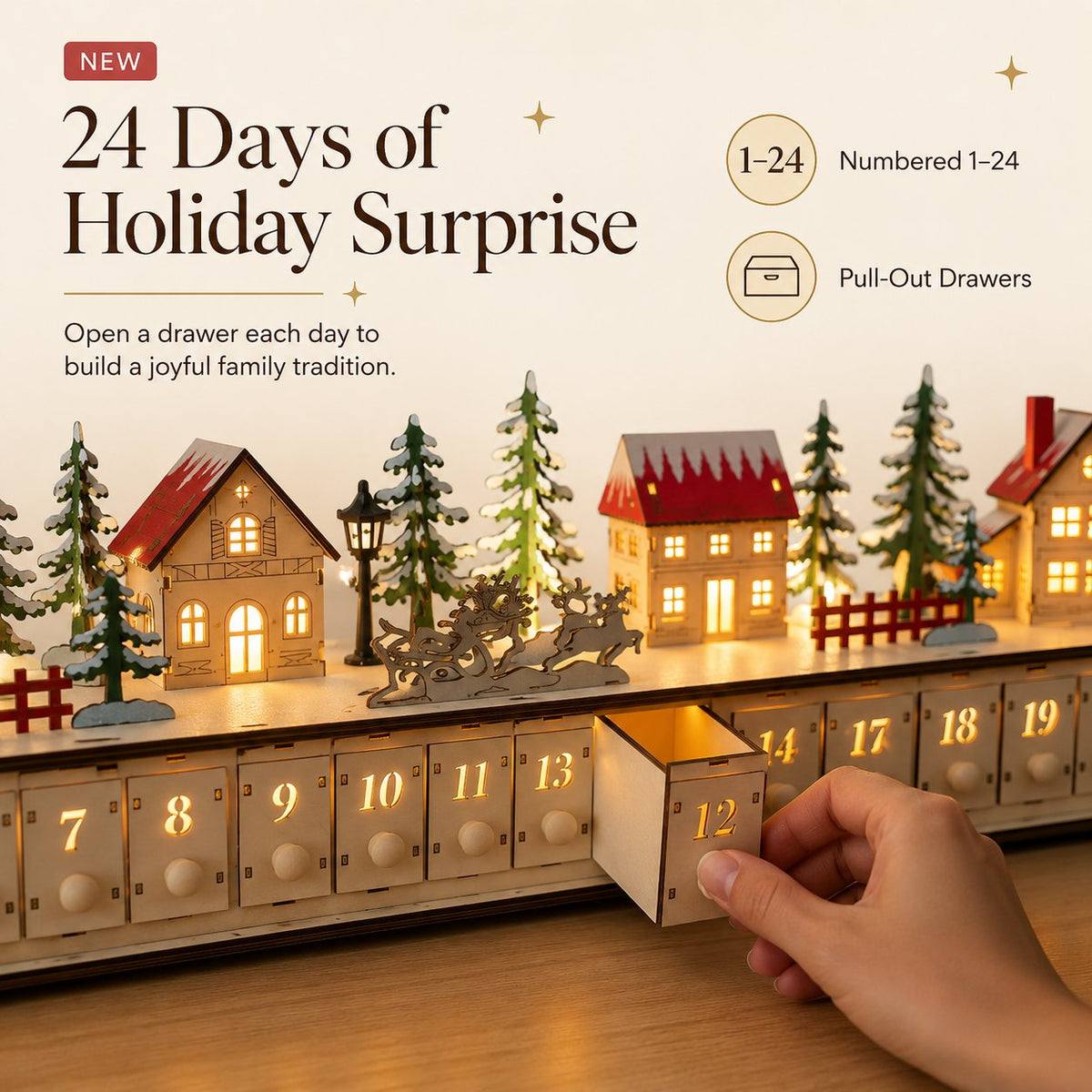 🔔 Last Day 50% OFF✨-🎄Wooden Village Advent Calendar with LED Glow for Cozy Christmas Countdown Fun 🏠