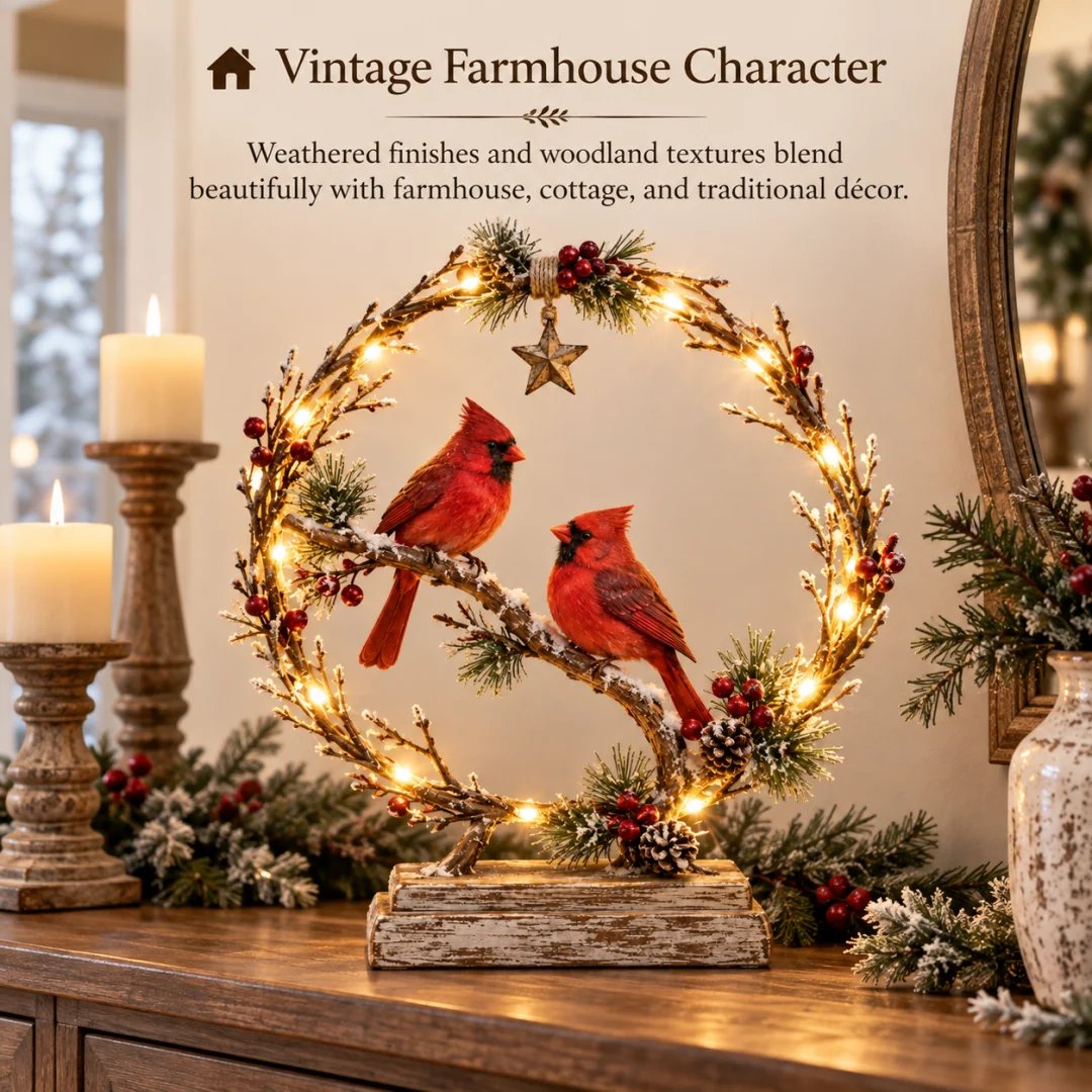 🔥 Last Day 50% OFF✨-Lighted Cardinal Tabletop Decor, Rustic Red Cardinal Pair with Warm LED Lights