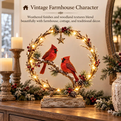 🔥 Last Day 50% OFF✨-Lighted Cardinal Tabletop Decor, Rustic Red Cardinal Pair with Warm LED Lights