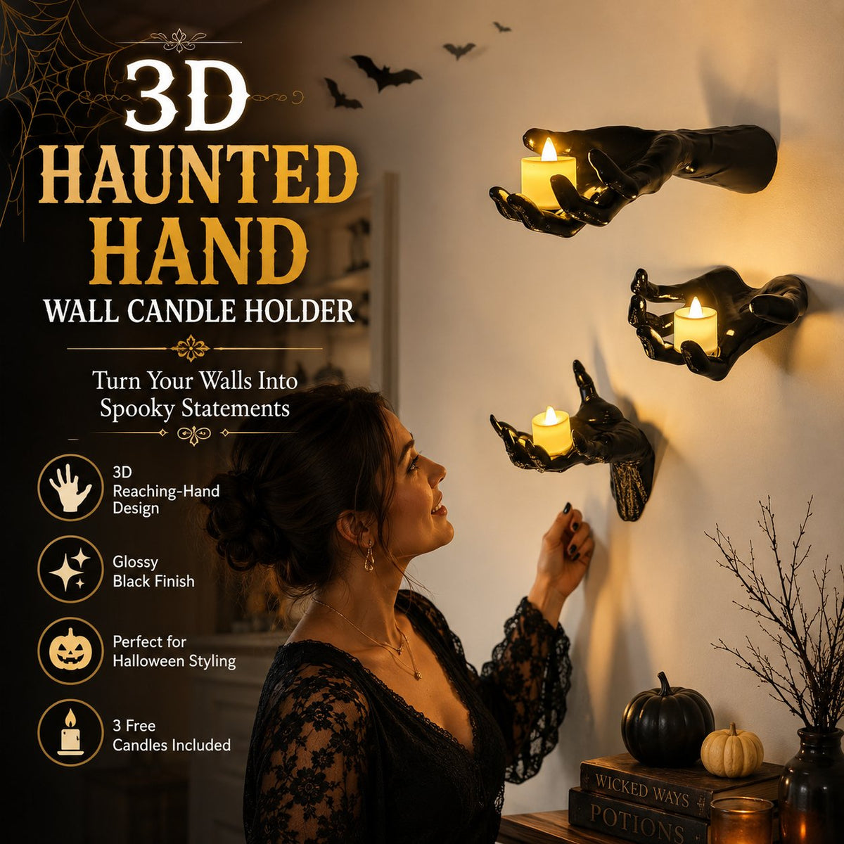 🔥 Last Day 50% OFF✨-🖤 3D Haunted Hand Candle Holders – 3PCS Spooky Halloween Decor 🕯️