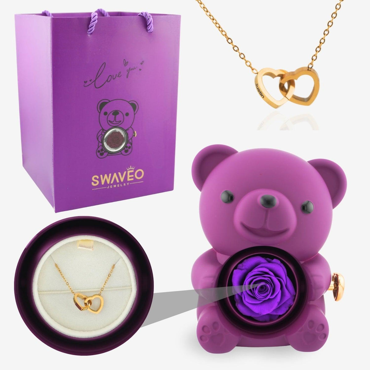 Multi-Color Preserved Rose Bear Gift Box with Rotating Surprise & Matching Heart Couple Necklace