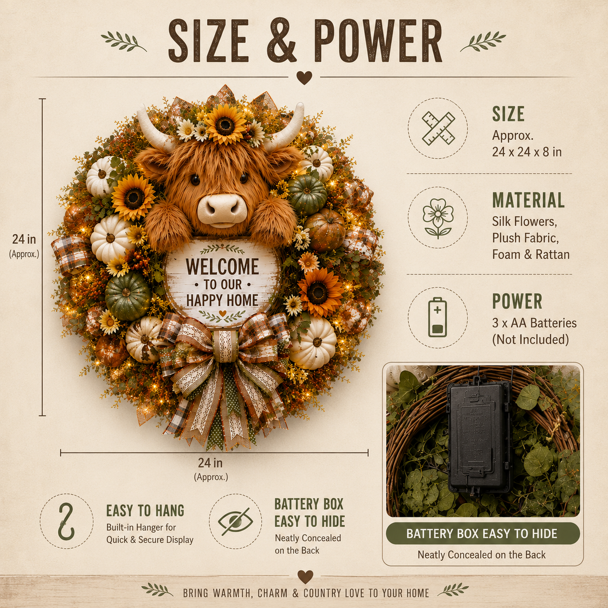 🔥 Last Day 50% OFF✨-🐮Highland Cow Welcome Wreath for Cozy Farmhouse Entryway Decor & Charming Seasonal Home Style 🌾