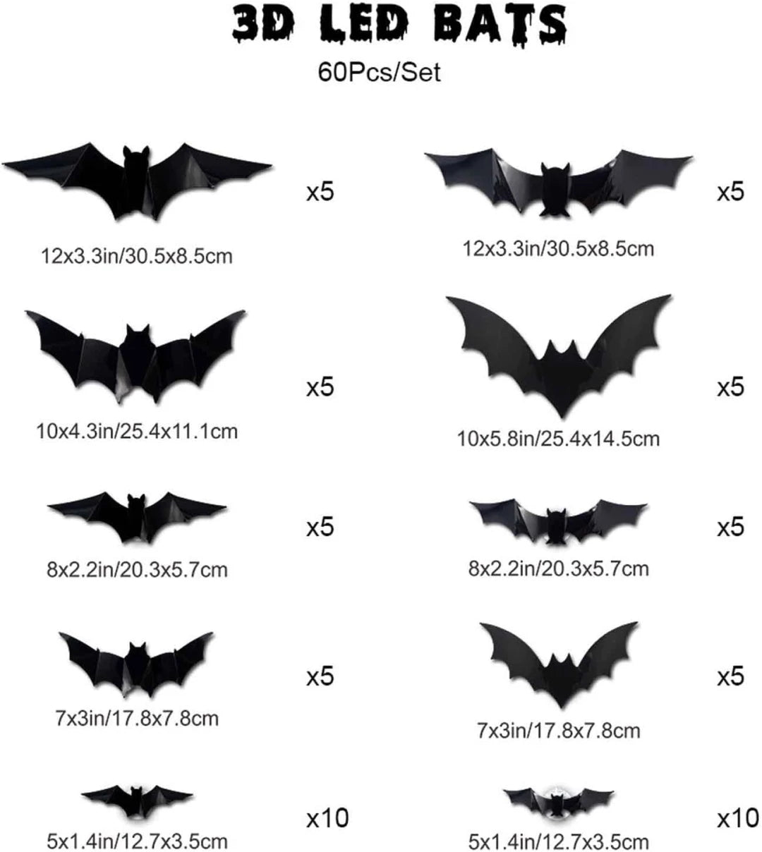 🦇 3D LED Flying Bats Halloween Wall Decor | 12-60PCS Realistic Bat Stickers with Lights