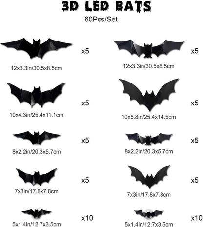 🦇 3D LED Flying Bats Halloween Wall Decor | 12-60PCS Realistic Bat Stickers with Lights