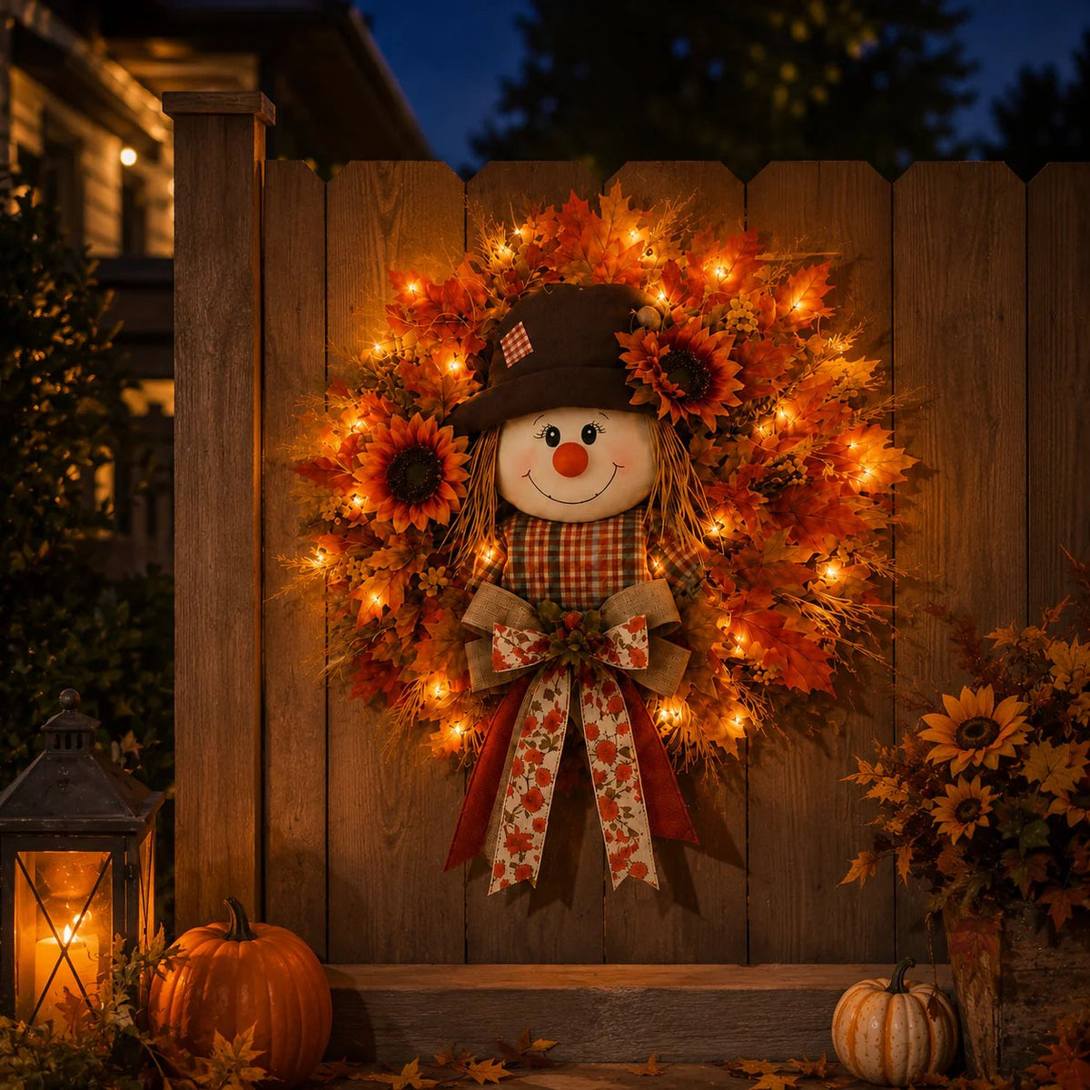 🍁 Holiday Celebration 50% OFF 🌻-🍂Lighted Scarecrow Fall Wreath for a Cozy, Welcoming Front Door Display ✨