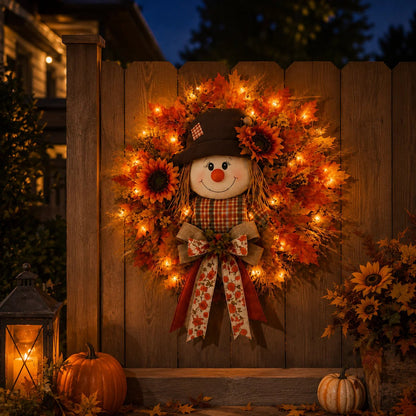 🍁 Holiday Celebration 50% OFF 🌻-🍂Lighted Scarecrow Fall Wreath for a Cozy, Welcoming Front Door Display ✨