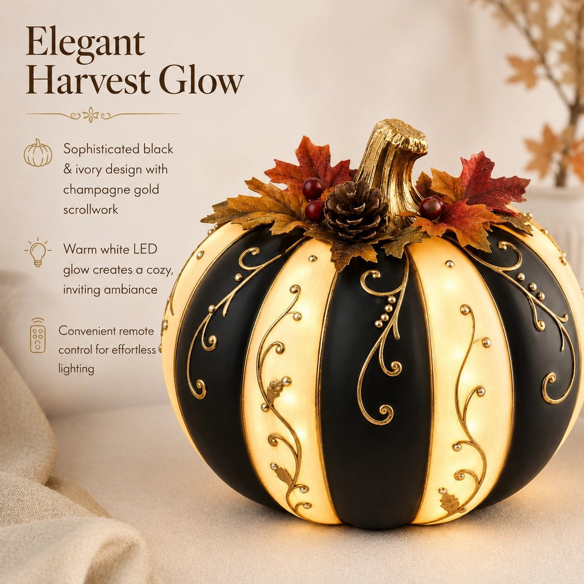 🔥 Last Day 50% OFF✨-Lighted Black & Ivory Pumpkin Decor with Remote