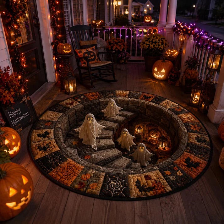 🔥3D Haunted Staircase Round Rug – Spooky Halloween Optical Illusion👻