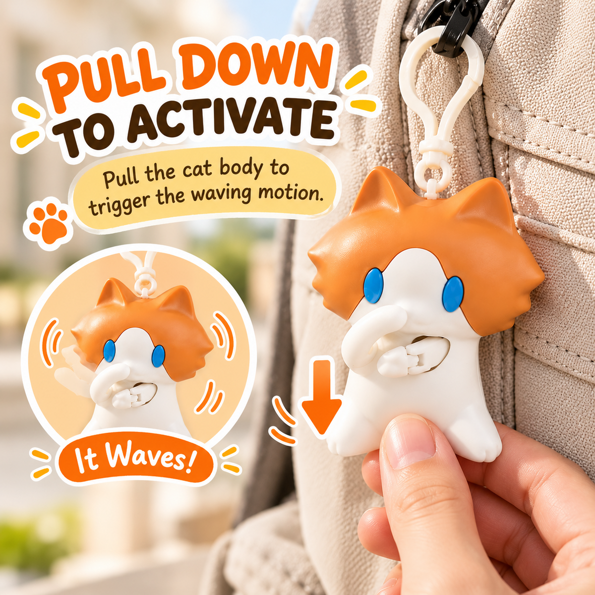🐱 Interactive Waving Cat Keychain & Backpack Charm – Pull to Make It Wave