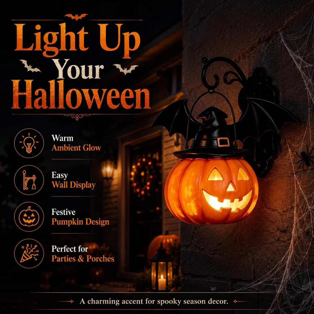 🎃Last Day 50% OFF✨-🦇Bat Hat Pumpkin Wall Lamp for Spooky, Cozy & Festive Home Decor 👻