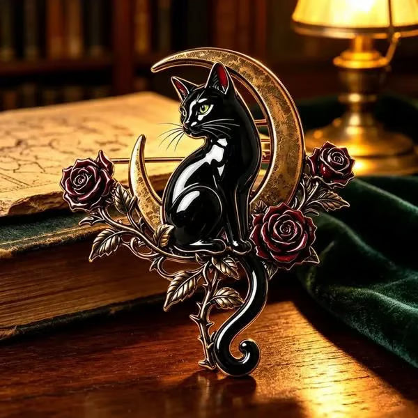 🐈‍⬛ Last Day 50% OFF✨-🌙 Gothic Black Cat Crescent Moon Rose Brooch 🖤