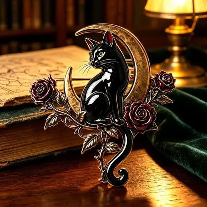 🐈‍⬛ Last Day 50% OFF✨-🌙 Gothic Black Cat Crescent Moon Rose Brooch 🖤