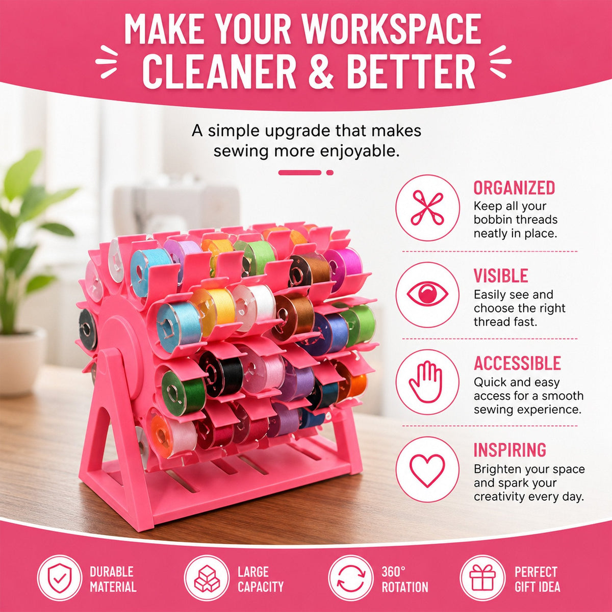 🧵360° Rotating Bobbin Organizer – Holds 60 A-Size Bobbins