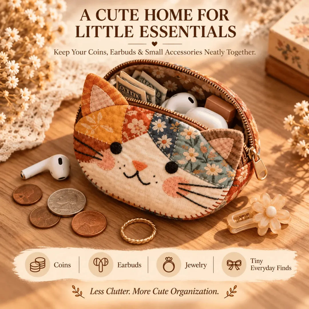 ✨ Handmade Inspired Floral Patchwork Cat Coin Pouch