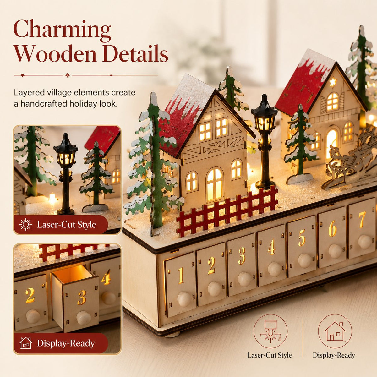 🔔 Last Day 50% OFF✨-🎄Wooden Village Advent Calendar with LED Glow for Cozy Christmas Countdown Fun 🏠