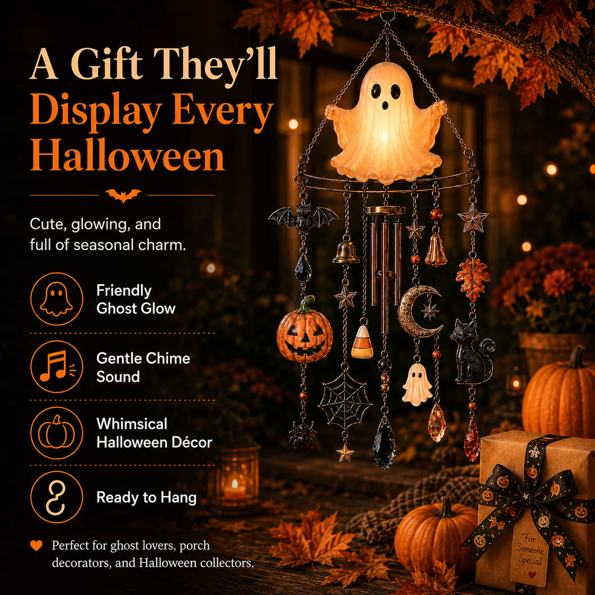 🔥Last day Promotion ✨-👻 Haunted Glow Ghost Wind Chime Adds Spooky Charm to Your Garden & Porch 🎃✨
