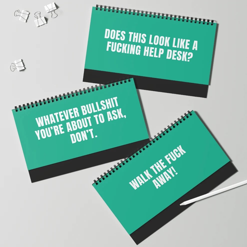 Several sarcastic message pages from the 12-in-1 desk flip sign