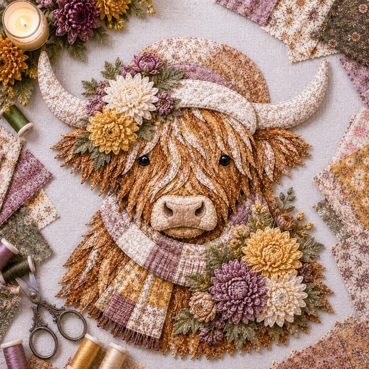 🔥 Last Day 50% OFF✨-🐮 DIY Highland Cow 3D Fabric Art Kit with Beautiful Birth Flower Design 🌸✨
