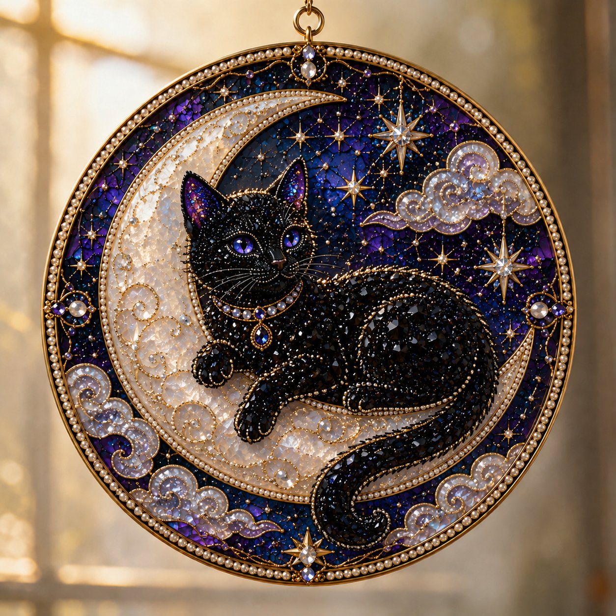 🌙🐈‍⬛ LAST DAY 49% OFF – ✨ Premium 3D Pearl Celestial Black Cat Window Hanging Kit | Luxury Flocked Canvas with Scratch-Resistant Non-Fading Pearl Beads DIY Handmade Moonlight Suncatcher Decor 🔮💎