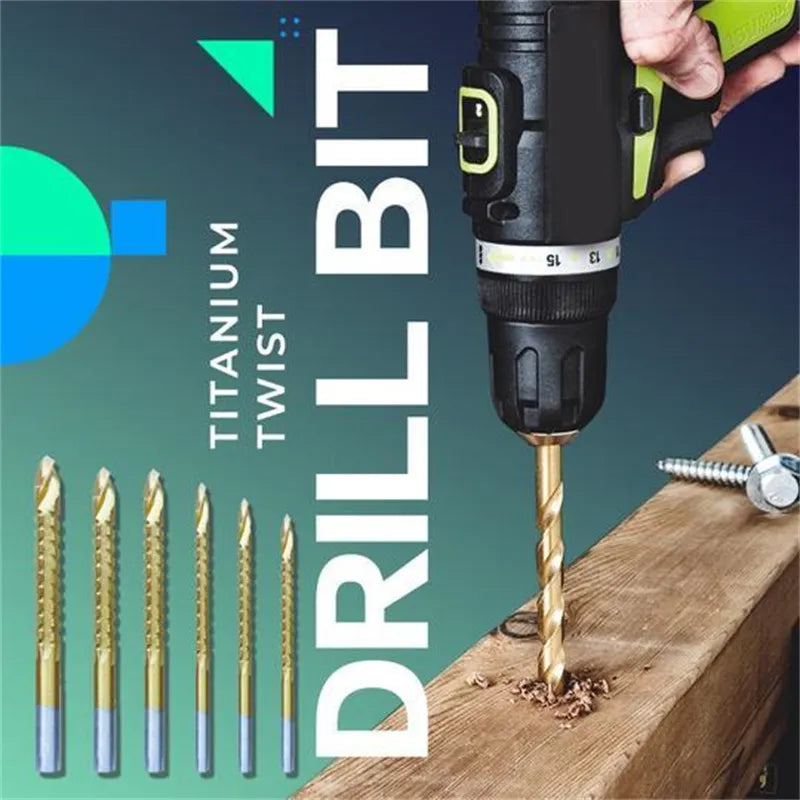 Titanium twist drill bit set being used with a power drill