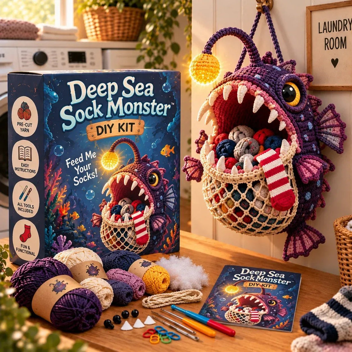 DIY Crochet Animal Sock Holder Kit | Funny Hanging Laundry Organizer & Creative Handmade Gift 🦈🐊