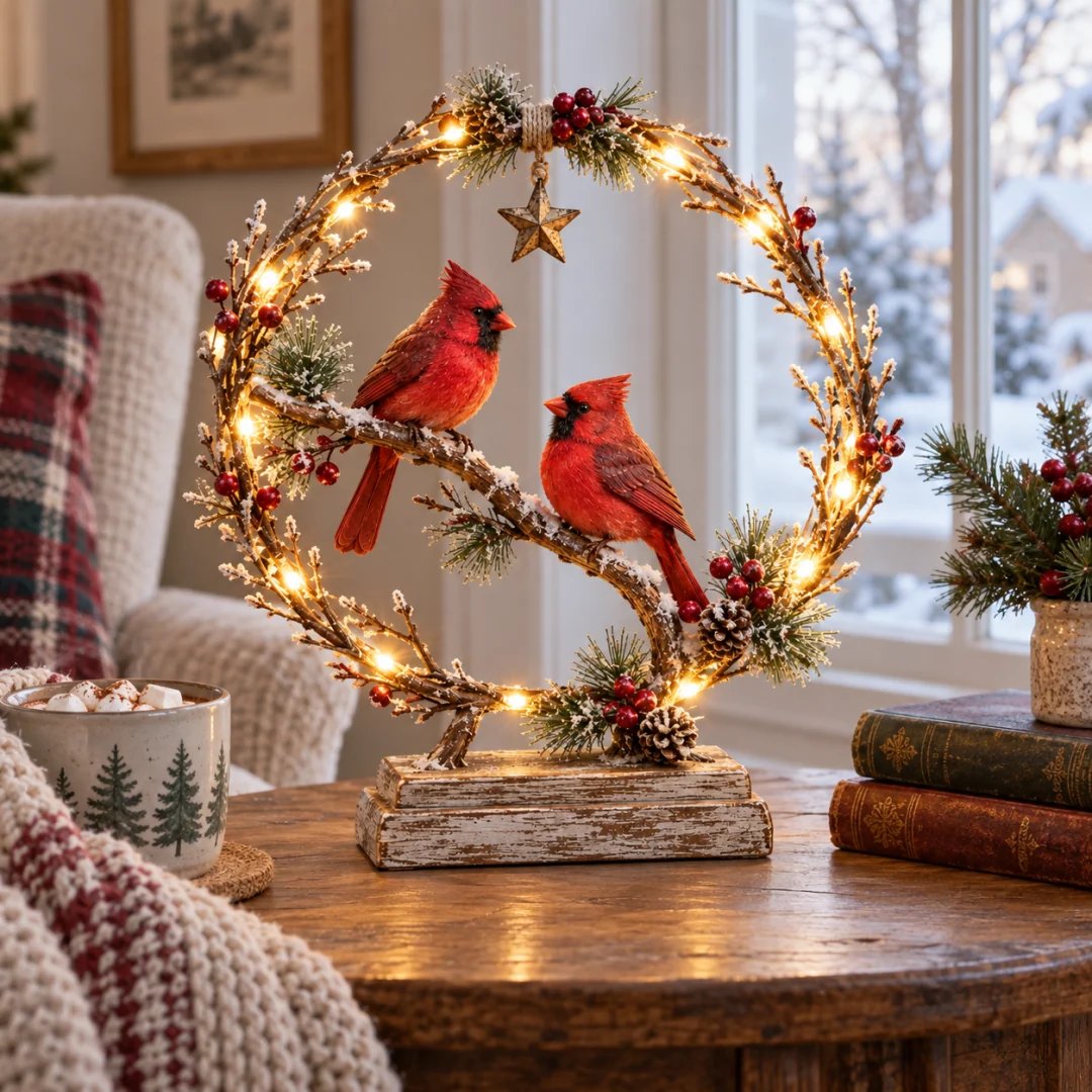 🔥 Last Day 50% OFF✨-Lighted Cardinal Tabletop Decor, Rustic Red Cardinal Pair with Warm LED Lights