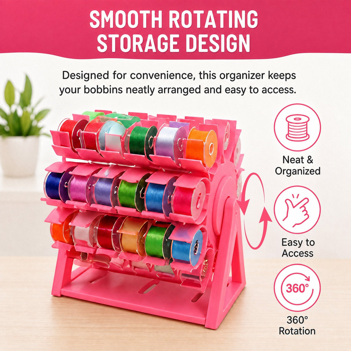 🧵360° Rotating Bobbin Organizer – Holds 60 A-Size Bobbins