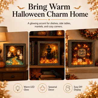 ⏰Last day Promotion 🔥-✨ DIY Halloween Shadow Box Kit with Warm LED Glow for Cozy Fall Decor 🎃