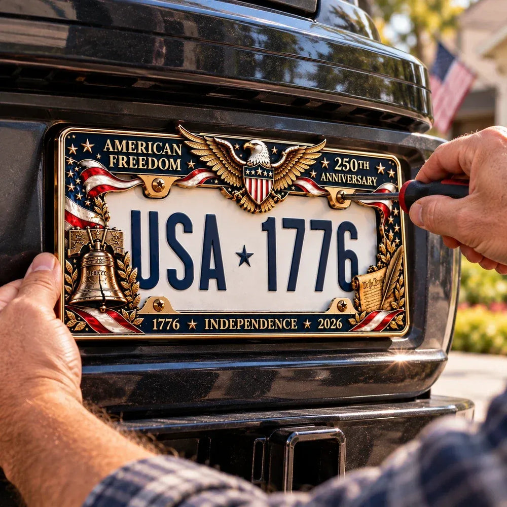 Hands positioning the commemorative metal license plate frame on a vehicle