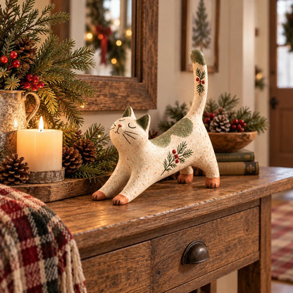 🐾 Holiday Celebration 50% OFF ✨-🐈 Woodland Christmas Cat Figurine for Cozy Holiday Decor 🏡