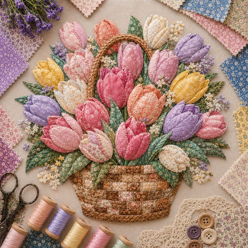 🧵HOT SALE 50% OFF✨ -🌸 Floral Basket Patchwork DIY Kit with 3D Layered Fabric Flowers for Creative Home Decor & Gifts 🎁