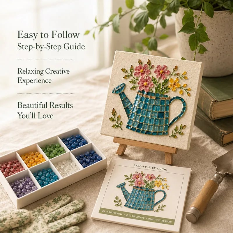 🌿Watering Can Mosaic Art Kit | Beginner-Friendly Floral DIY Craft with Vibrant Mosaic Beads & Sturdy Display Base✨