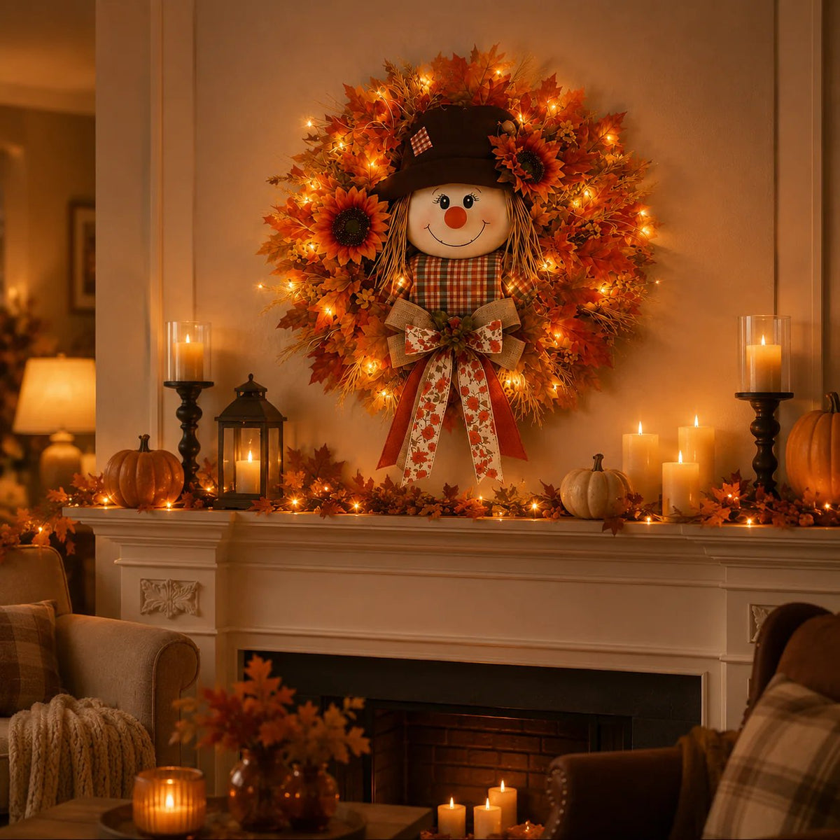 🍁 Holiday Celebration 50% OFF 🌻-🍂Lighted Scarecrow Fall Wreath for a Cozy, Welcoming Front Door Display ✨