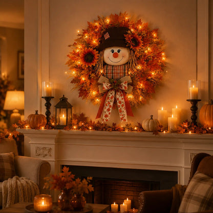 🍁 Holiday Celebration 50% OFF 🌻-🍂Lighted Scarecrow Fall Wreath for a Cozy, Welcoming Front Door Display ✨