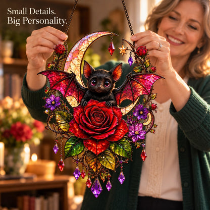 🦇 Midnight Romance – Bat, Crescent Moon & Rose Hanging Decor