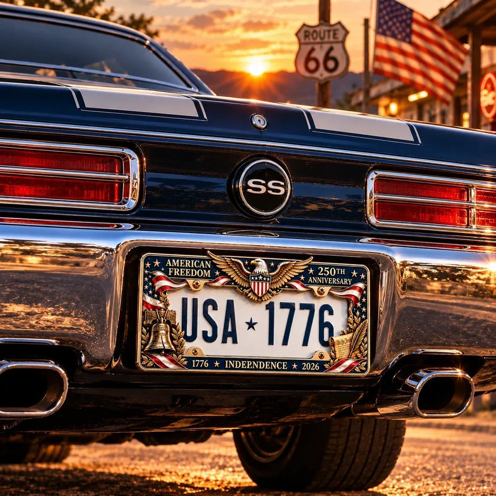 Classic car featuring a patriotic anniversary license plate frame