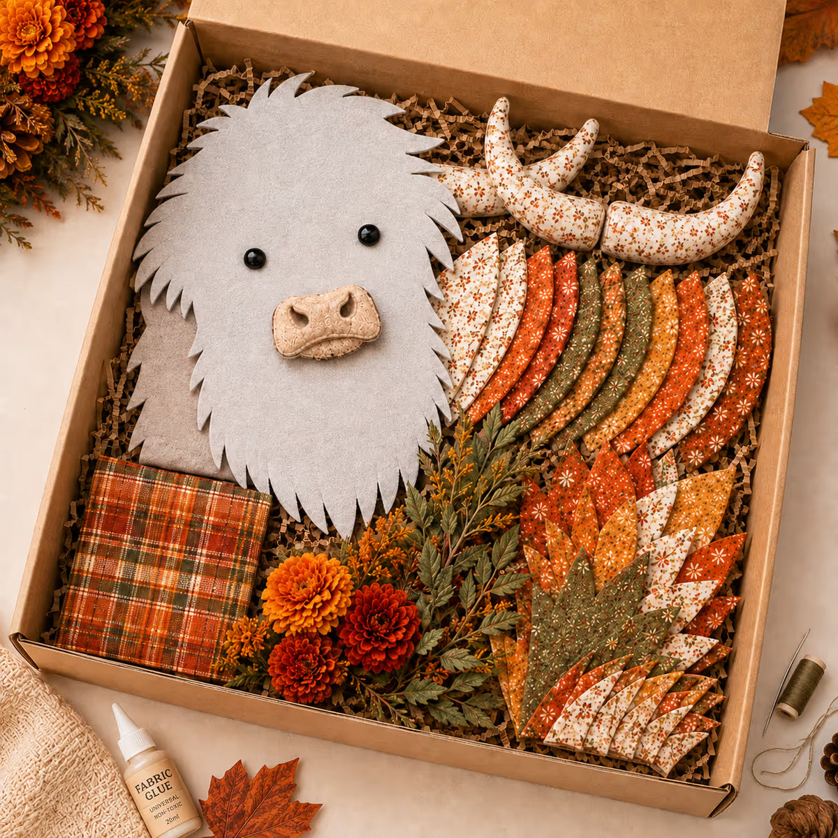 🔥 Last Day 50% OFF✨-🐮 DIY Highland Cow 3D Fabric Art Kit with Beautiful Birth Flower Design 🌸✨