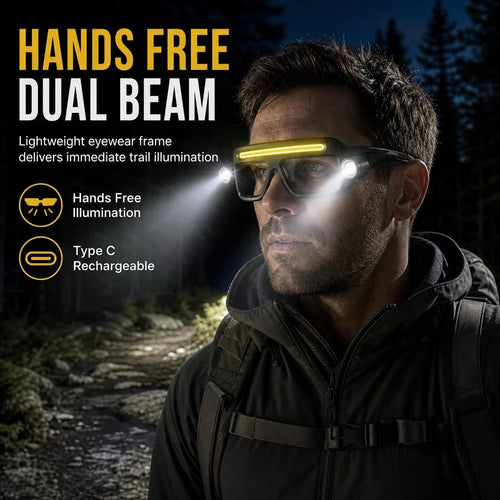 Hands Free Dual Beam LED Flashlight Glasses, Type-C Rechargeable COB Work Light Glasses for Mechanics, Camping & Repair