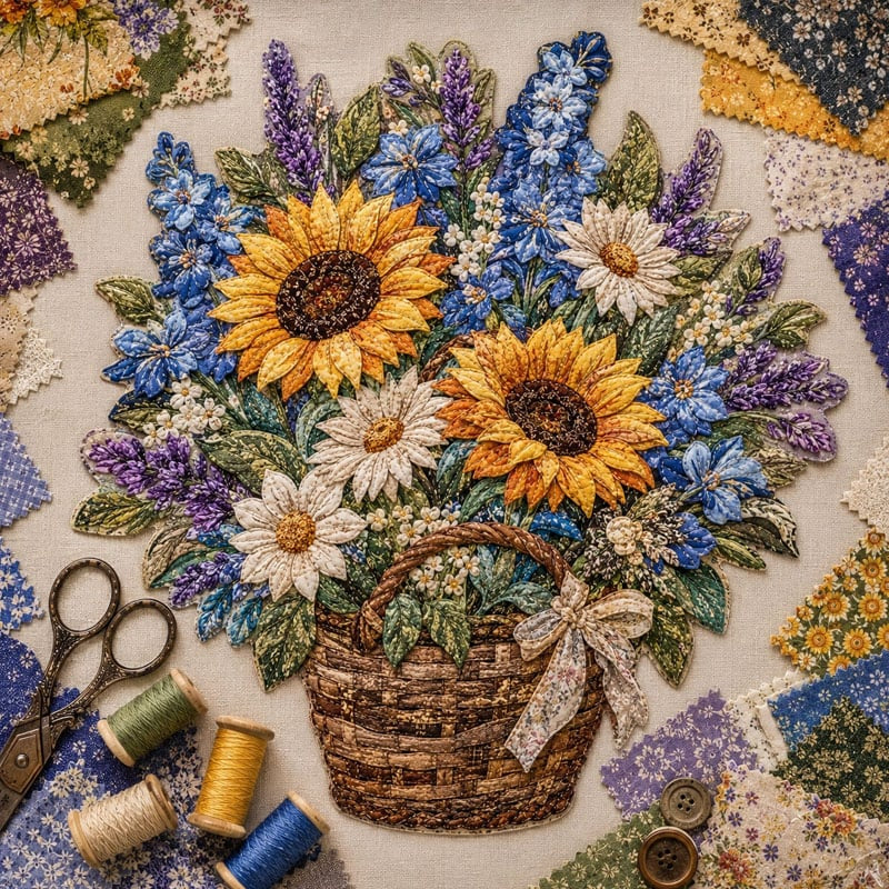 🧵HOT SALE 50% OFF✨ -🌸 Floral Basket Patchwork DIY Kit with 3D Layered Fabric Flowers for Creative Home Decor & Gifts 🎁