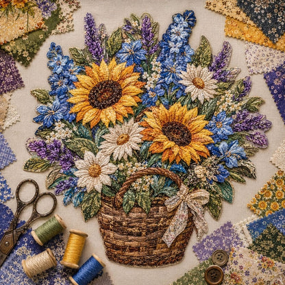 🧵HOT SALE 50% OFF✨ -🌸 Floral Basket Patchwork DIY Kit with 3D Layered Fabric Flowers for Creative Home Decor & Gifts 🎁