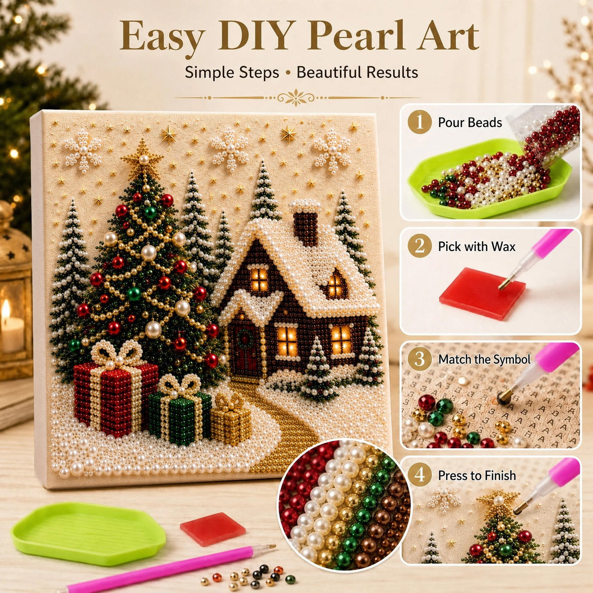 🎅 🎄 Premium 3D Pearl Christmas Wall Art Kit | Luxury Flocked Canvas with Scratch-Resistant Non-Fading Pearl Beads DIY Holiday Decor⛄️❄️