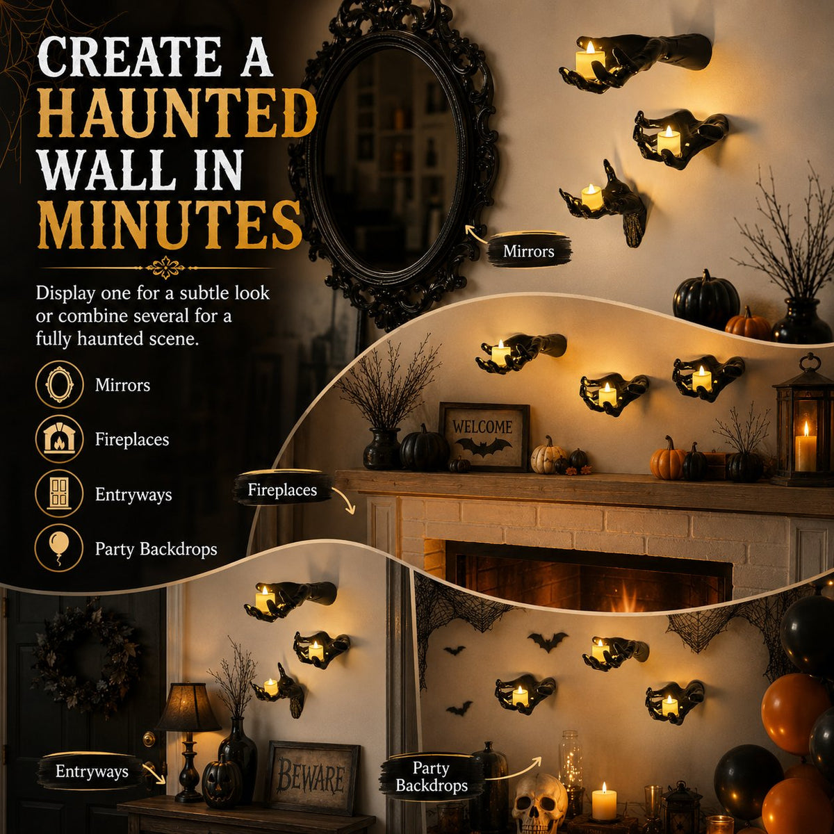 🔥 Last Day 50% OFF✨-🖤 3D Haunted Hand Candle Holders – 3PCS Spooky Halloween Decor 🕯️